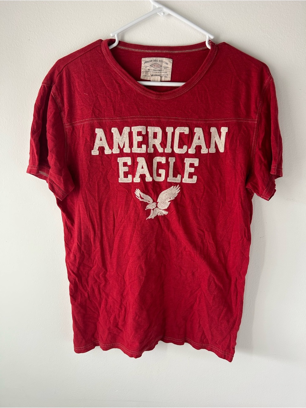 Vintage American Eagle Outfitters Red Graphic Logo Tee with White Letters